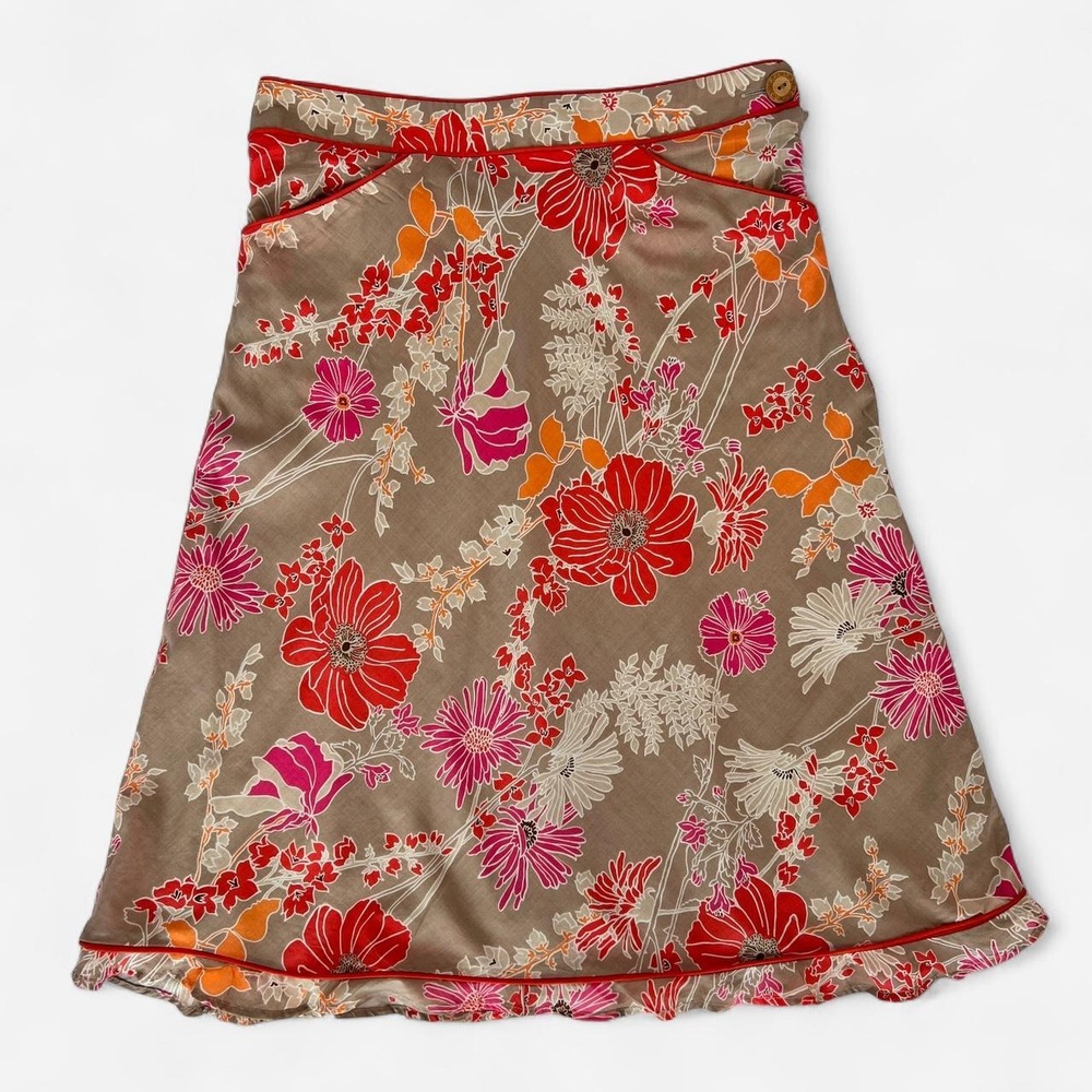 Y2K floral mini skirt tan base and bright red, pink, and orange flowers